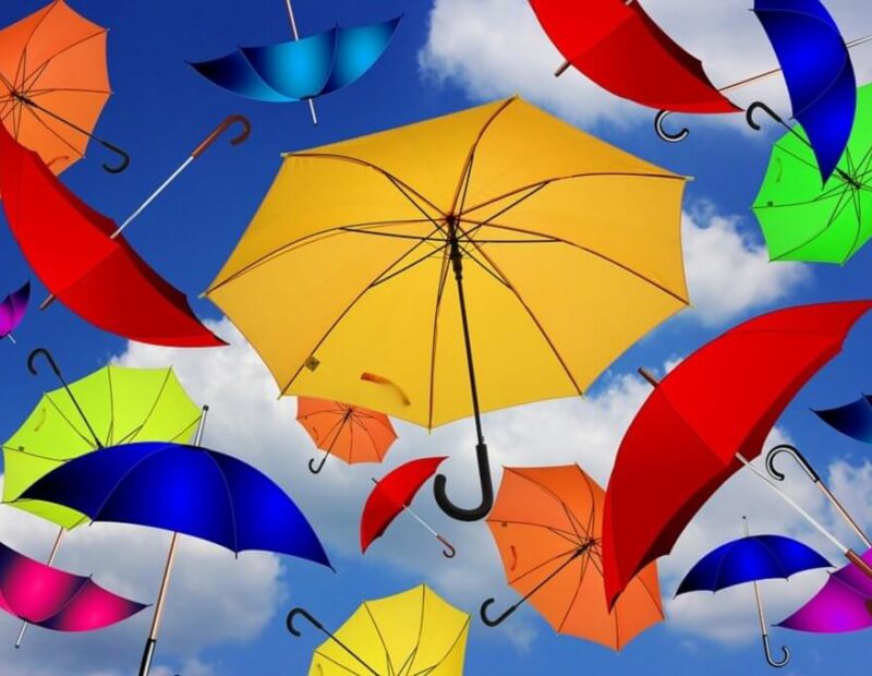 Muchos paraguas de distintos colores como si cayeran del cielo
